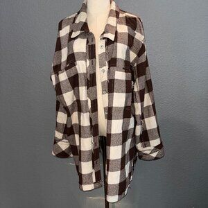 WE THE FREE PEOPLE HIDEWAY BROWN & CREAM PLAID OVERSIZED SHIRT SHACKET - EUC - L